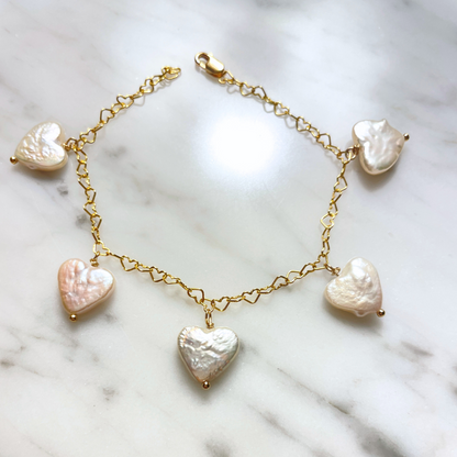Dainty Gold Heart Chain Bracelet with Pearls Charms
