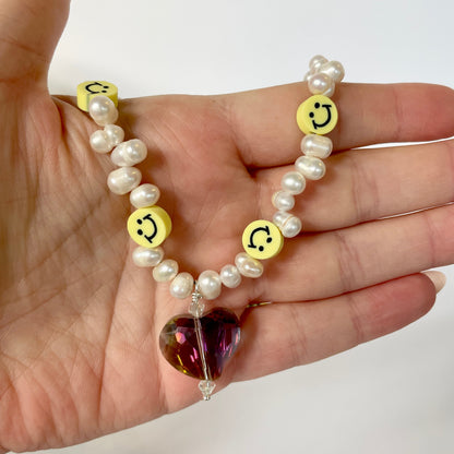 Happy Necklace - Smiley Face Pearl Necklace with Heart Charm