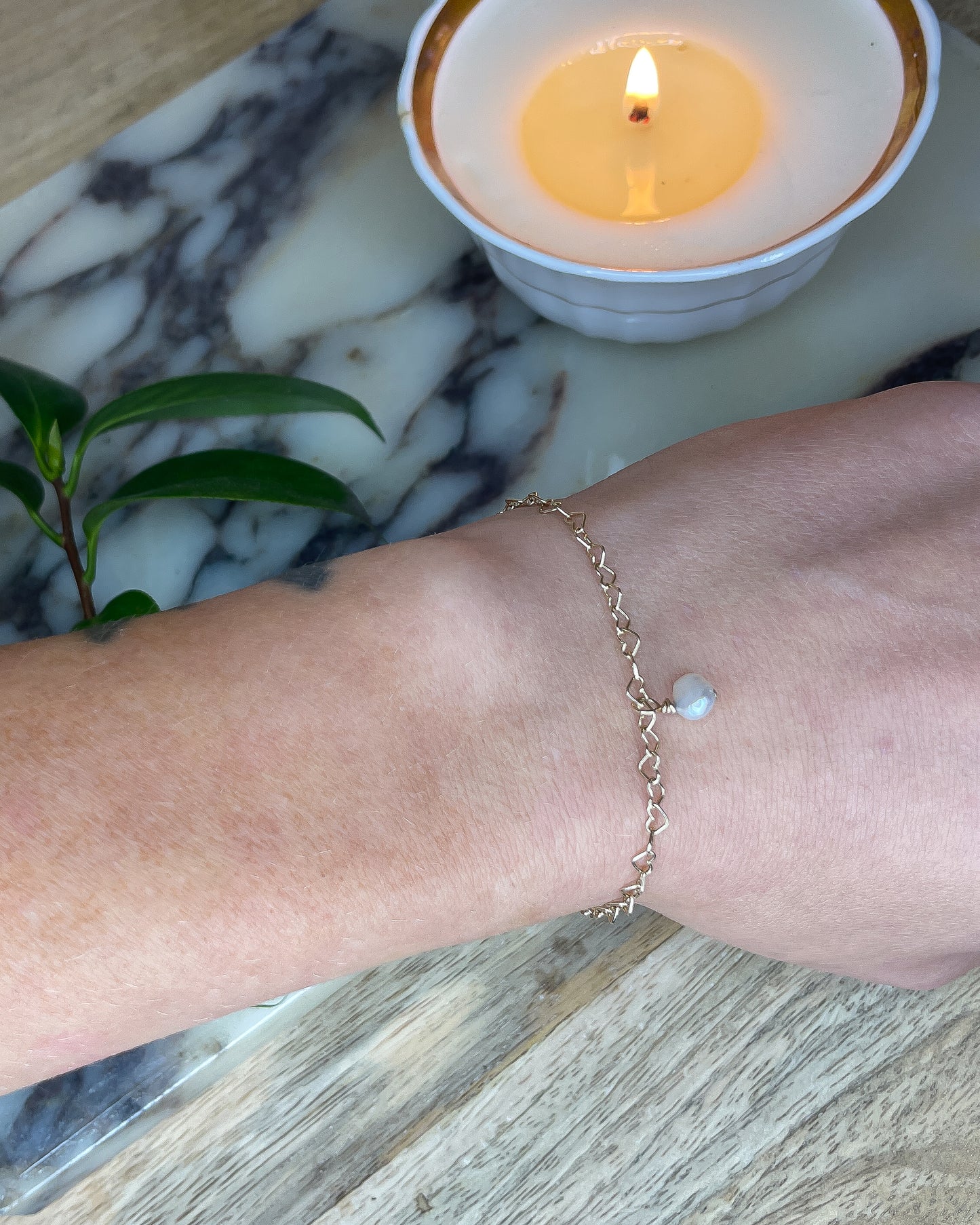 Dainty Gold Heart Bracelet with Pearl